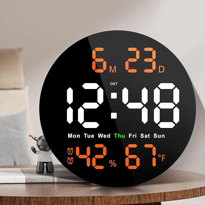 Brauthon Large Digital Clock for Classroom, Digital Classroom Clocks for Teachers, 10" Round LED Clock with Large Display，Date, Countdown Timer, Remote Control, Temperature, Electric (Orange)