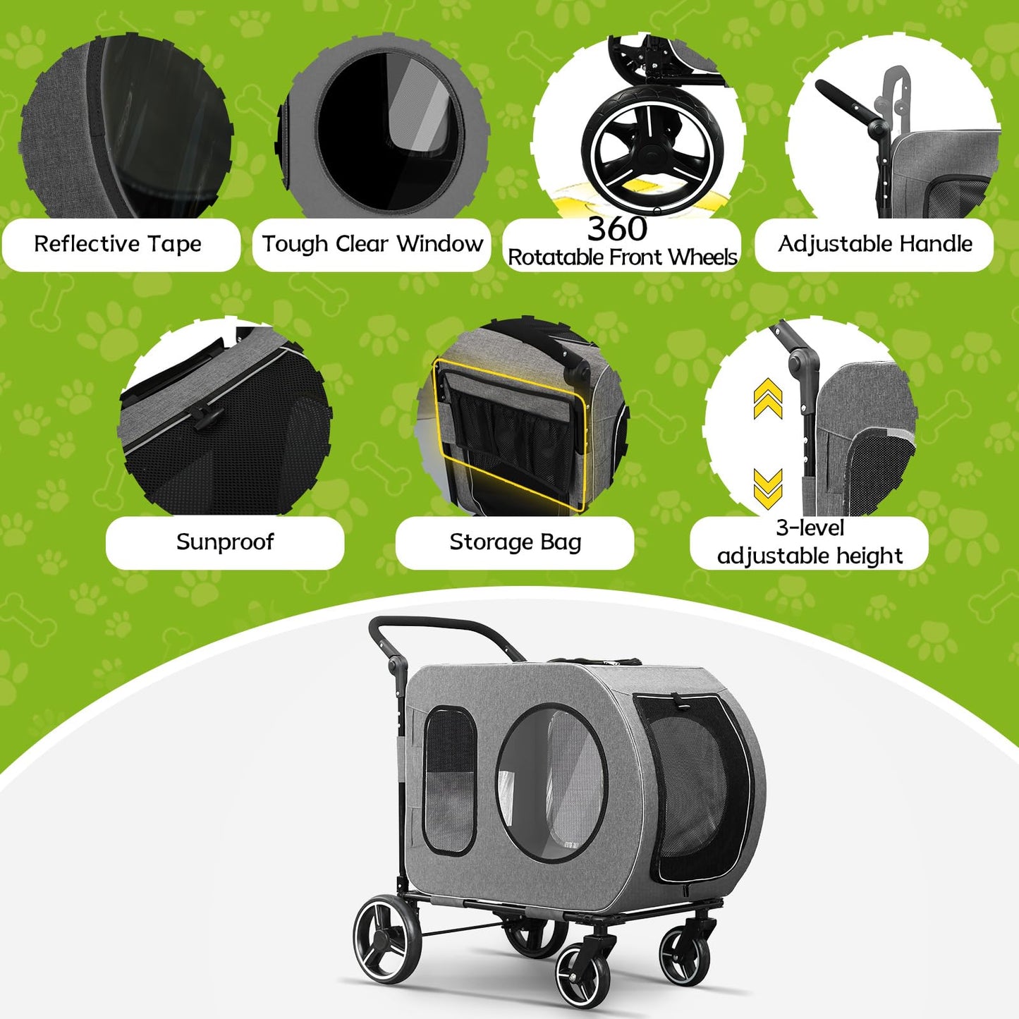 Saudism Large Dog Stroller for Medium Dogs，Pet Stroller for 2 Small Dogs, Foldable Jogger Wagon with Detachable Carrier for Car Seat, Adjustable Handle, Up to 90 lbs, Gray