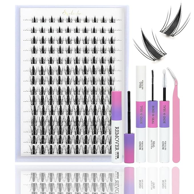 Manga Lash Clusters with Spikes, Eyelashes Clusters Kit Clear Band Lash Extension Kit D Curl Fluffy Wispy False Eyelashes with Lash Bond and Seal, Remover, Lash Tweezers (Lash Clusters Kit)