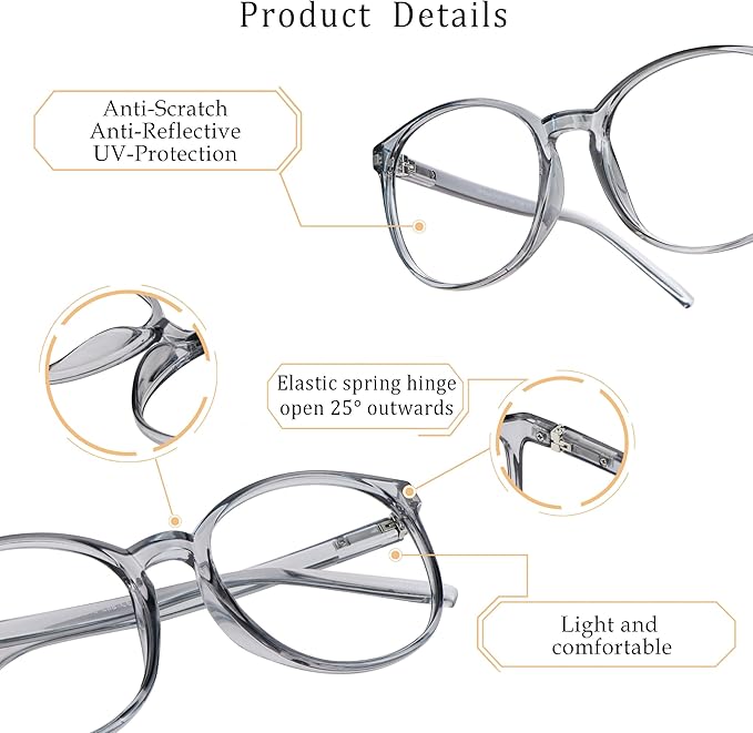 LifeArt Round Blue Light Blocking Glasses, Computer Glasses, Gaming Glasses, TV Glasses for Women Men (Clear Gray, 0.50 Magnification)