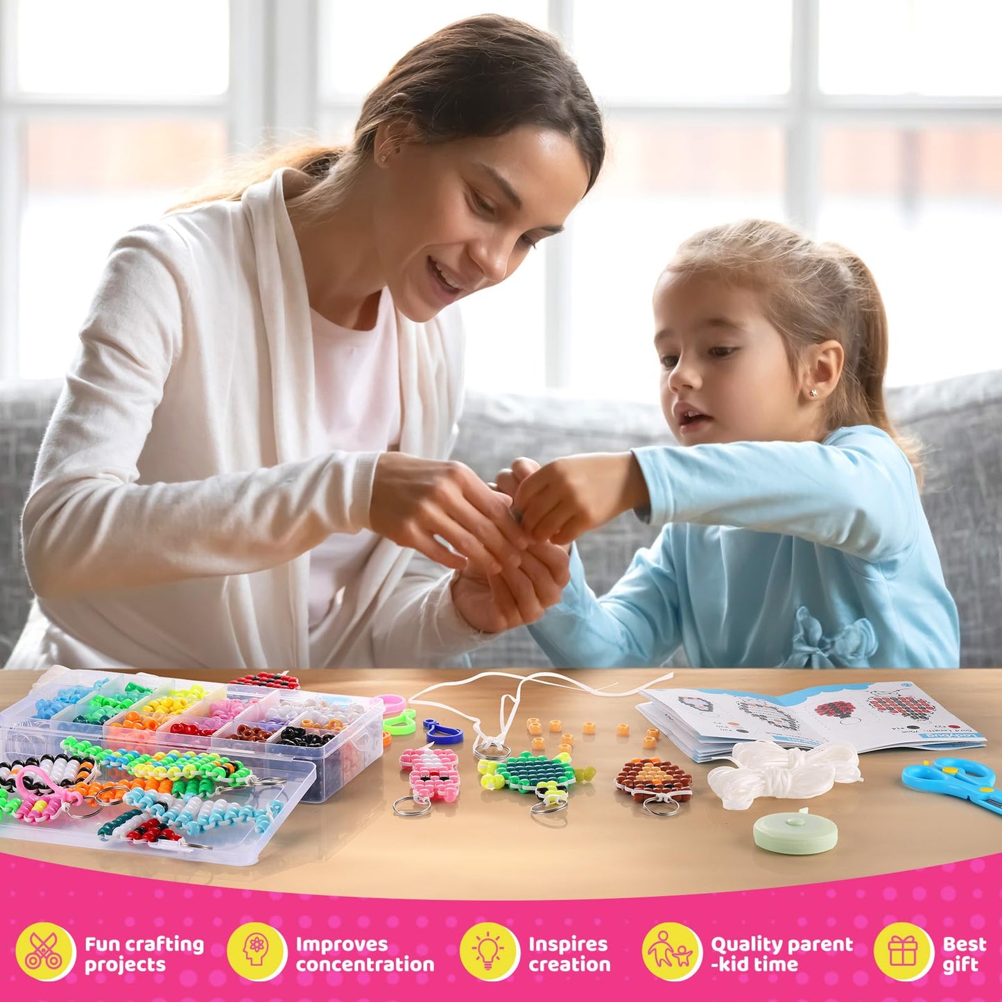 Funtopia Beads for Crafts, Pony Beads Keychain Making Kit, Bead Pets Art Crafts for Kids Beginners, Birthday Party DIY Craft for Girls Boys (1500 Bead, 30 Designs)