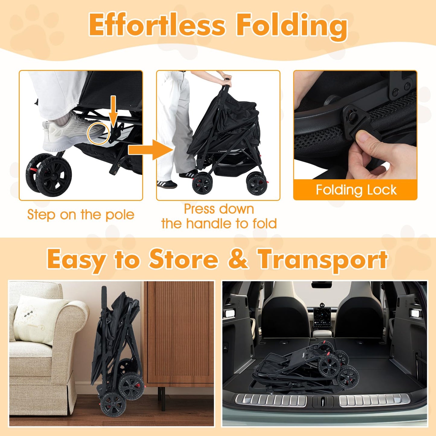 PETSITE Double Pet Stroller, Foldable Double Dog Stroller with 2-Seater Carrier, Adjustable Sunshade, Removable Pad, Safety Belt, Storage Basket, 4-Wheel Pet Travel Cart for 2 Puppies & Cats (Black)