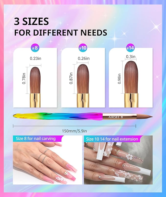 AIRSEE 3PCS Acrylic Nail Brush Set Size 8/10/14 Professional for Acrylic Application, Nail Extension, 3D Carving 3A+ Nylon DIY Salon Home, Colorful