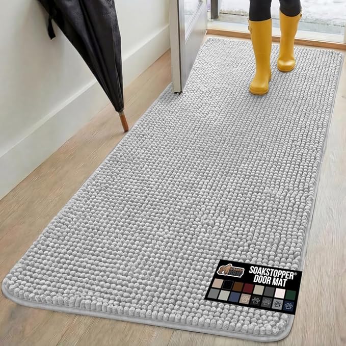 GORILLA GRIP SoakSTOPPER Dog Door Mat, 70x24 Machine Washable Rug Absorbent Doormat Captures Moisture Mud Dirt, Quick Dry Soft Chenille Entryway Rugs Indoor Entrance Mats for Dog Paws, Light Gray