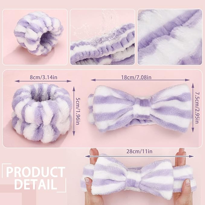 Janmini 36 Pcs Spa Headband and Wristbands Set for Washing Face Facial Spa Hair Wraps Makeup Skincare Bath Winter Gifts 12 Pcs Flannel Hairbands 24 Wristbands for Women Girls(Dot Stripe Leopard)