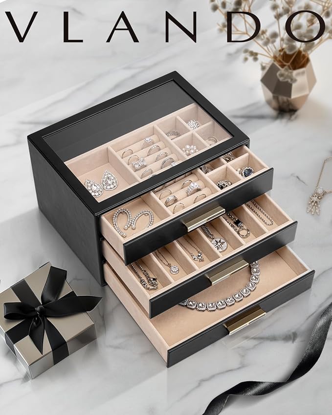 Vlando Jewelry Box for Women, Glass Lid Jewelry Organizer with 3 Drawers for Necklaces Rings Earrings Bracelets - Black