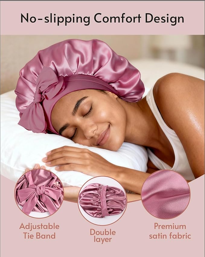 Yanideer 3 pcs Adjustable Satin Bonnets for Sleeping Double Layer Satin Lined Hair Bonnet with Tie Band for Women Curly Hair
