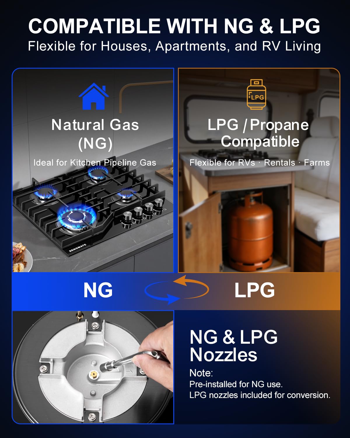 SENGMATE 24 Inch Gas Cooktop, 4 Burner Gas Stove Top, Built-In or Countertop Design, Black Tempered Glass, NG/LPG Convertible, Flame Failure Protection, Ideal for Home Kitchens, RVs & Compact Spaces