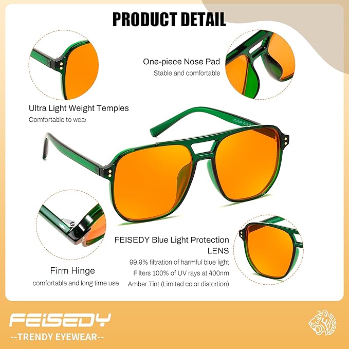 FEISEDY Amber Blue Light Glasses for Computer Gaming Orange/Yellow lens Anti Eyestrain Sleep Glasses G2835