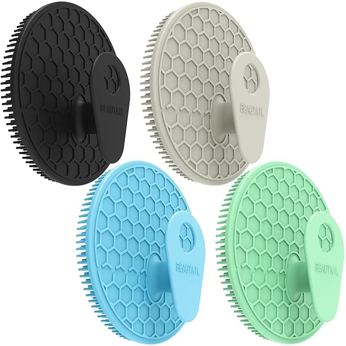 Silicone Body Scrubber 4 Pack, BEAUTAIL Shower Bath Scrubber, Gentle Exfoliating Brush for Women Men Sensitive Skin, More Hygienic Than Traditional Loofah, Long Lasting (Black+Gray+Green+Blue)