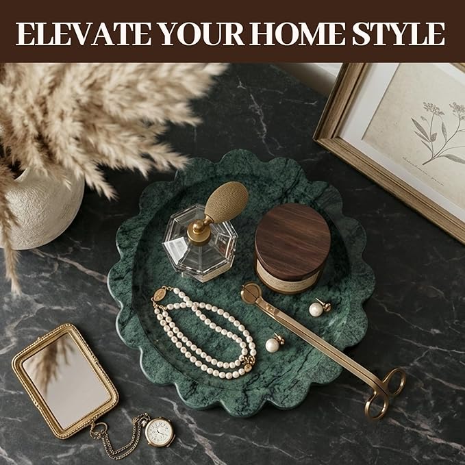 Koville 5.51" Scalloped Marble Tray, Round Stone Jewelry Trinket Dish for Ring, Natural Small Marble Tray for Bathroom Kitchen Dresser Countertop, Decorative Candle Tray(Green)