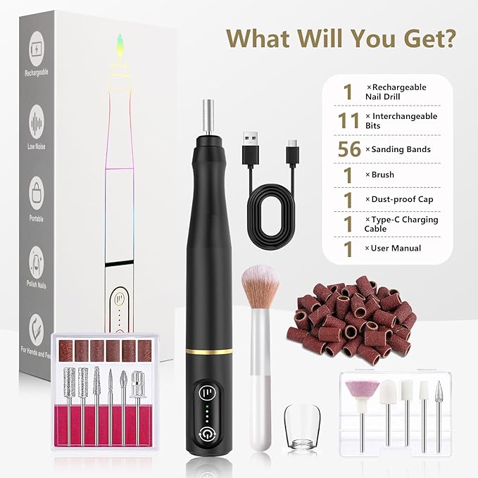 Cordless Nail Drill Electric Rechargeable File Kit, Professional Efile Acrylic Gel Nail Polish Remover Pedicure Manicure Machine Portable Set with 11 Bits 56 Sanding Bands for Salon Black