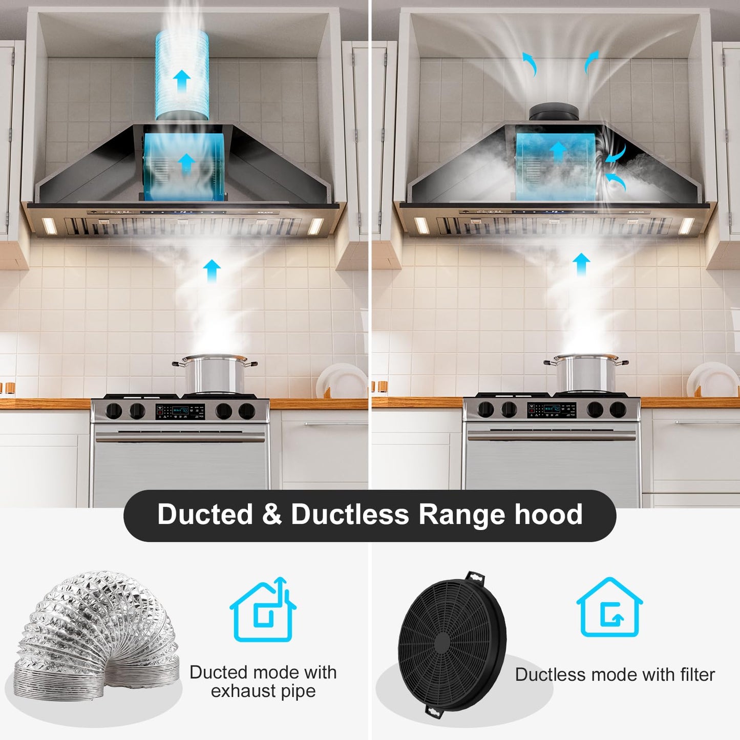 BRANO Range Hood Insert 36 Inch, 900 CFM Voice/Gesture/Touch Control Build-in Kitchen Hood Vent with 4 Speed Exhaust Fan, Memory Mode, Adjustable Lights, Ducted/Ductless Convertible