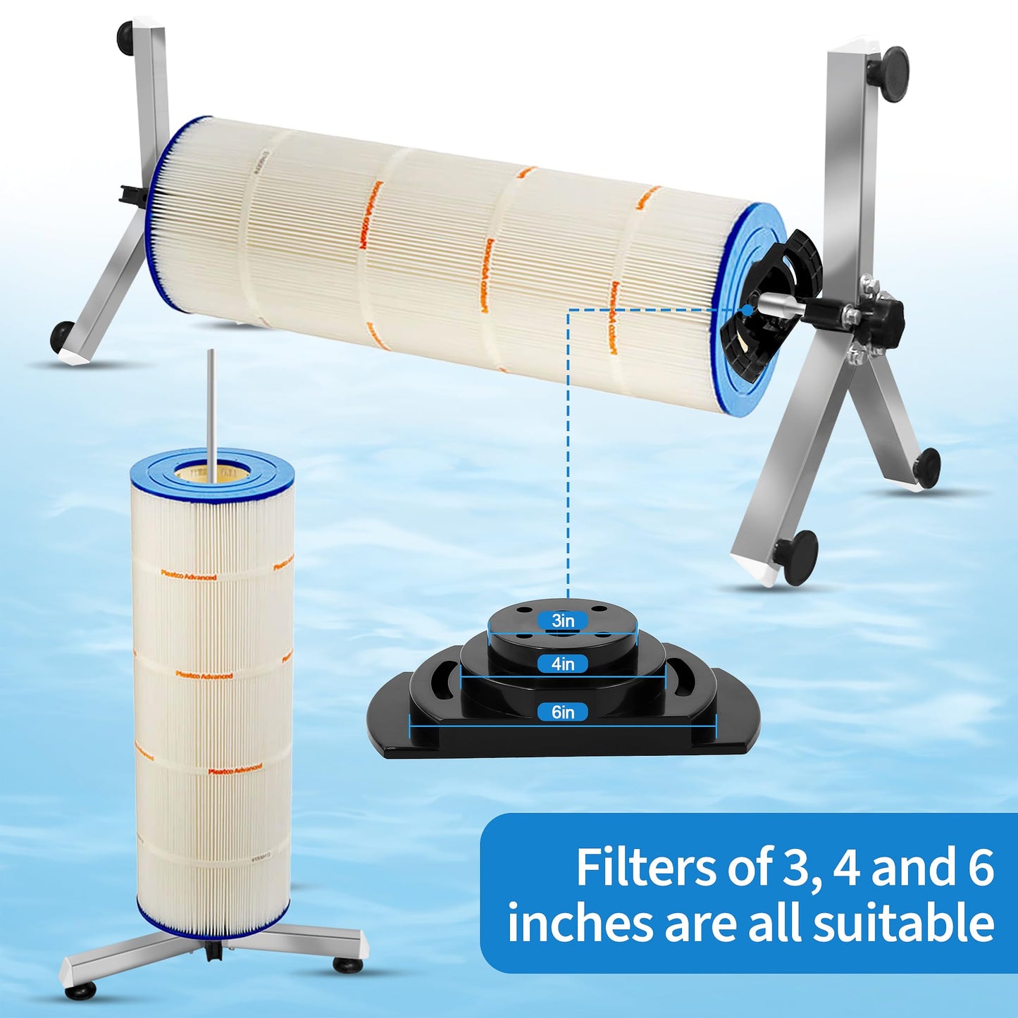 Pool Filter Cleaning System and Cleaner Stand Solid Aluminum Shaft- Compatible with 3，4，and 6 Inch Filter Cartridges，Dual Use Stand Design for Vertical & Horizontal