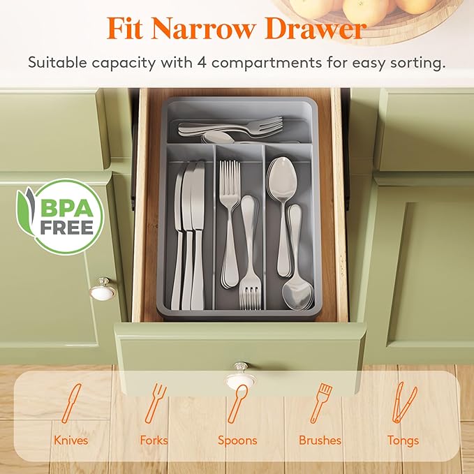 Lifewit Silverware Drawer Organizer Tray, Plastic Cutlery Storage for Kitchen, Flatware and Utensil Holder Divider for Spoons Forks Knives Tableware, 7.8 x 12.4", 4 Slots, Gray