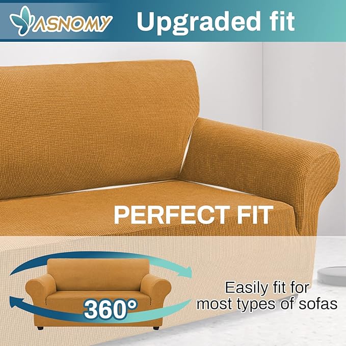 Asnomy Sofa Covers for 2 Cushion Couch Stretch loveseat Covers Slipcovers, Pet Protector Furniture Covers for Dogs Cats Spandex Jacquard Fabric Small Checks （Medium， Golden）
