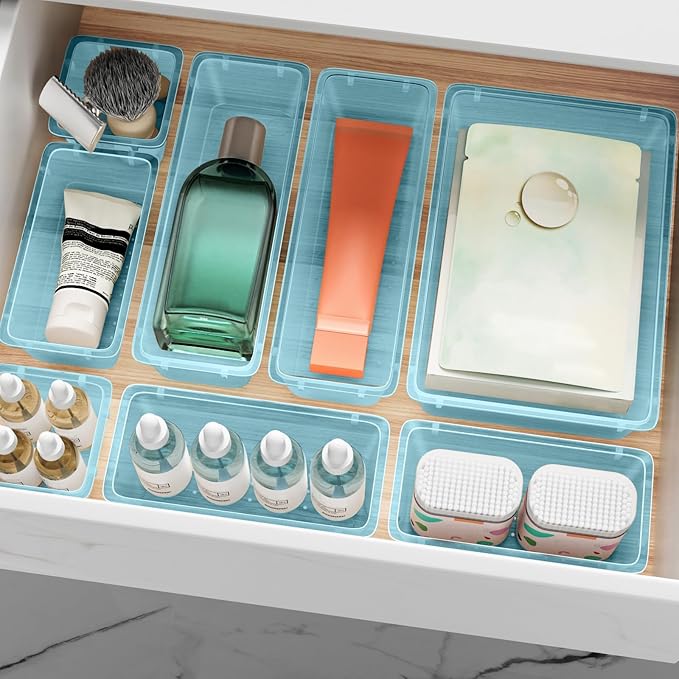 12-Piece Drawer Organizer Set, 4 Sizes Versatile Plastic Vanity Organizer for Makeup, Stationery, Gadgets, in Kitchen, Bathroom, Office, and Bedroom, Sea Blue