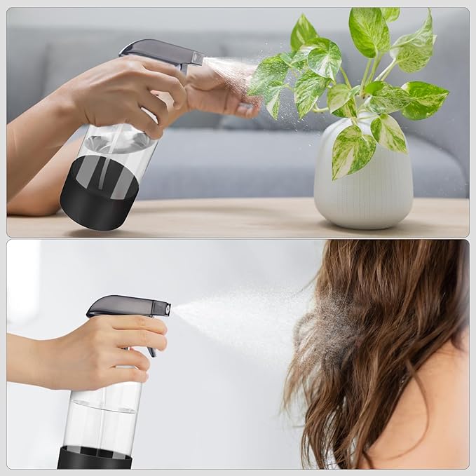 Worldgsb 2 Pack Glass Spray Bottles with Silicone Sleeve, 16 oz Empty Refillable Containers with Adjustable Spray Nozzles, Spray Bottles for Hair, Cleaning Solutions and Plants Black&Grey