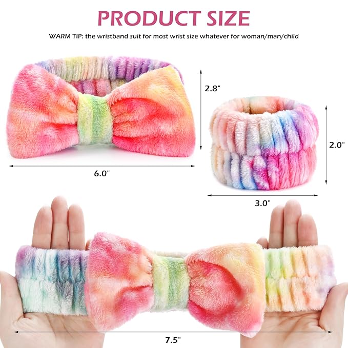 3PCS Spa Headband and Wristbands Set for Women, Soft Microfiber Face Wash Headband with Cute Bow, Elastic Absorbent Wrist Towels, Makeup Skincare Accessories for Facial, Shower, Yoga