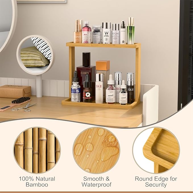 PEKER Bamboo Bathroom Organizer Countertop Ã¢ÂÂ Small Vanity Storage Shelf for Makeup, Perfume, Skincare Ã¢ÂÂ Natural Cosmetics Display Rack for Dresser, Sink, Kitchen Ã¢ÂÂ Natural