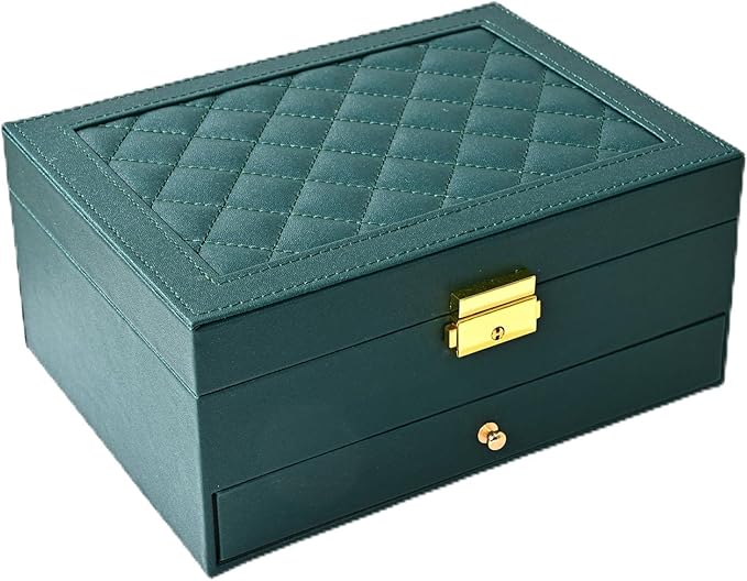 GUOER Jewelry Box for Women Girl Wife - Large PU Leather Jewelry Organizer Storage Case with Two Layers Display for Earrings Bracelets Rings Watches (Green)