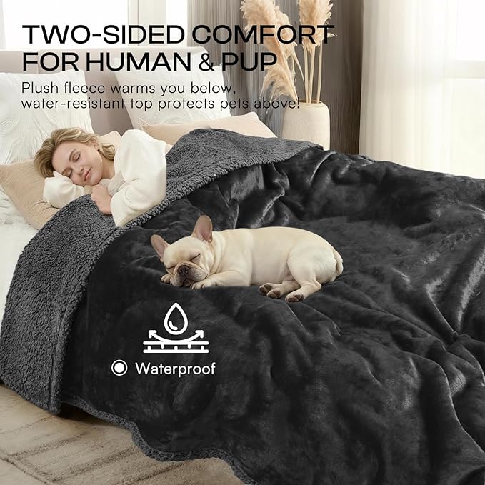 Luciphia Waterproof Pet Blankets, Liquid Pee Proof Dog Blanket for Sofa Bed Couch, Reversible Sherpa Fleece Furniture Protector Cover for Small Medium Large Dogs Cats, Black King Size（100" x 85"）