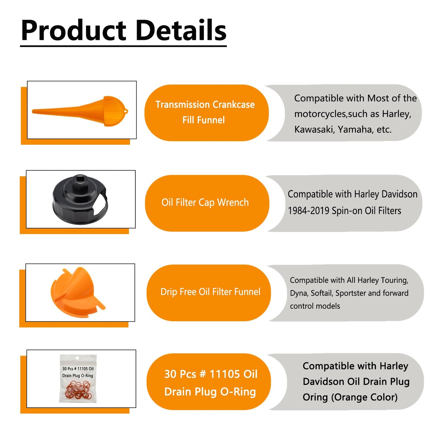 Oil Change Kit Compatible with Harley, Filter Cap Wrench, Crankcase Fill Tool, Primary Case Oil Funnel, Drip-Free Oil Filter Tool, 30Pcs Drain Plug O-Rings