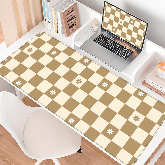 Desk Mat,Big Desk Pad,31.5 x 11.5in Extended Gaming Mouse Pad,Large Mouse Pad for Desk Rubber Base Mousepad with Stitched Edges,Keyboard Mouse Mat for Work Game Office Home - Beige Chessboard Flower