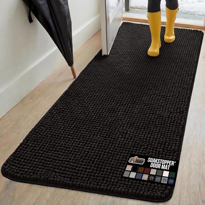 GORILLA GRIP SoakSTOPPER Dog Door Mat, 70x24 Machine Washable Rug Absorbent Doormat Captures Moisture Mud Dirt, Quick Dry Soft Chenille Entryway Rugs Indoor Entrance Mats for Dog Paws, Black