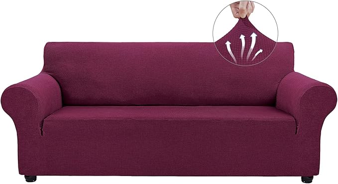 Asnomy Couch Covers for 3 Cushion Couch Stretch Sofa Covers Slipcovers, Pet Protector Furniture Covers for Dogs Cats Spandex Jacquard Fabric Small Checks （X-Large，Wine Red）