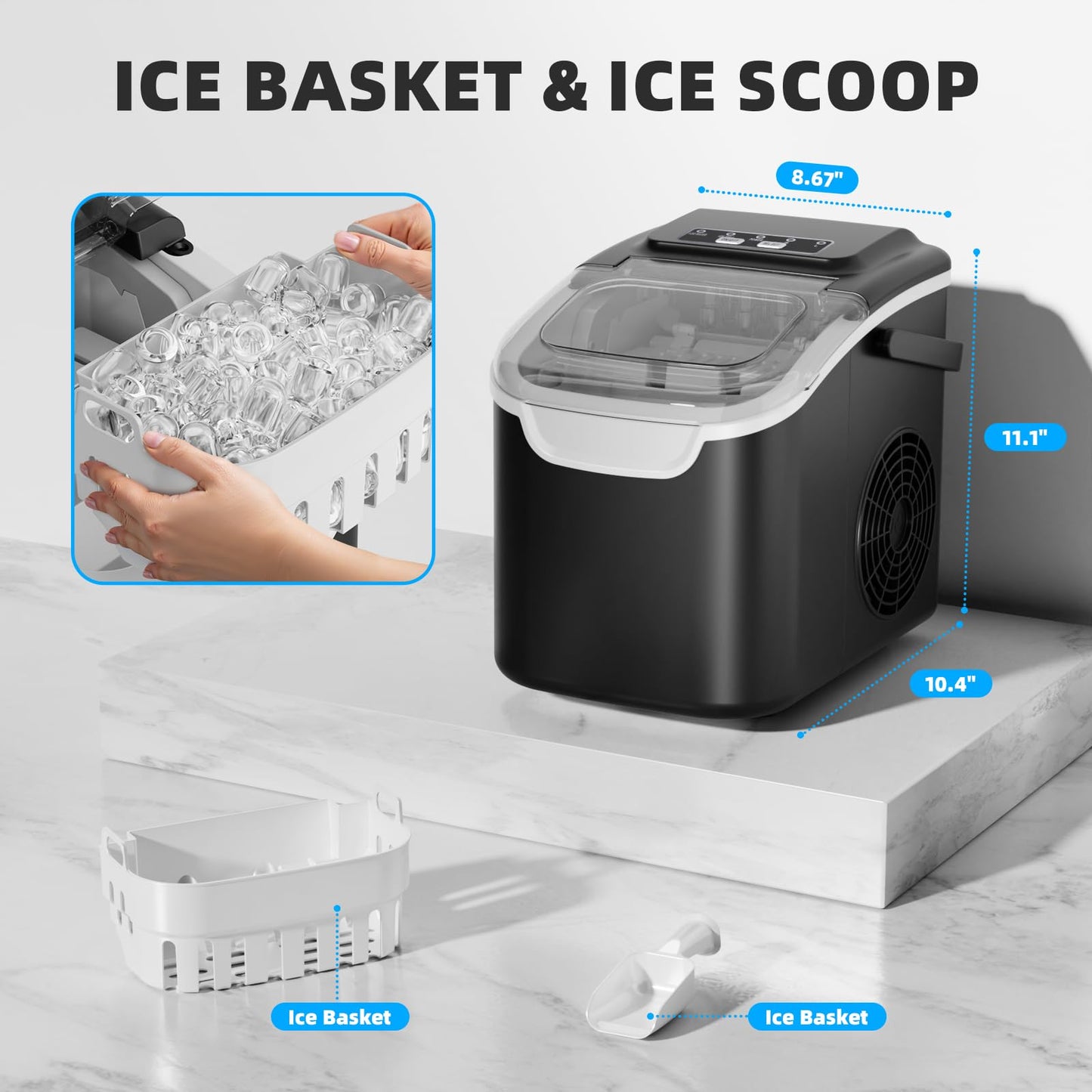 Antarctic Star Countertop Ice Maker Machine, 8 Cubes in 6 Mins, 26.5 lbs/Day, Self-Cleaning, 2 Sizes, Ultra-Quiet for Home/Kitchen/Camping/RV Black