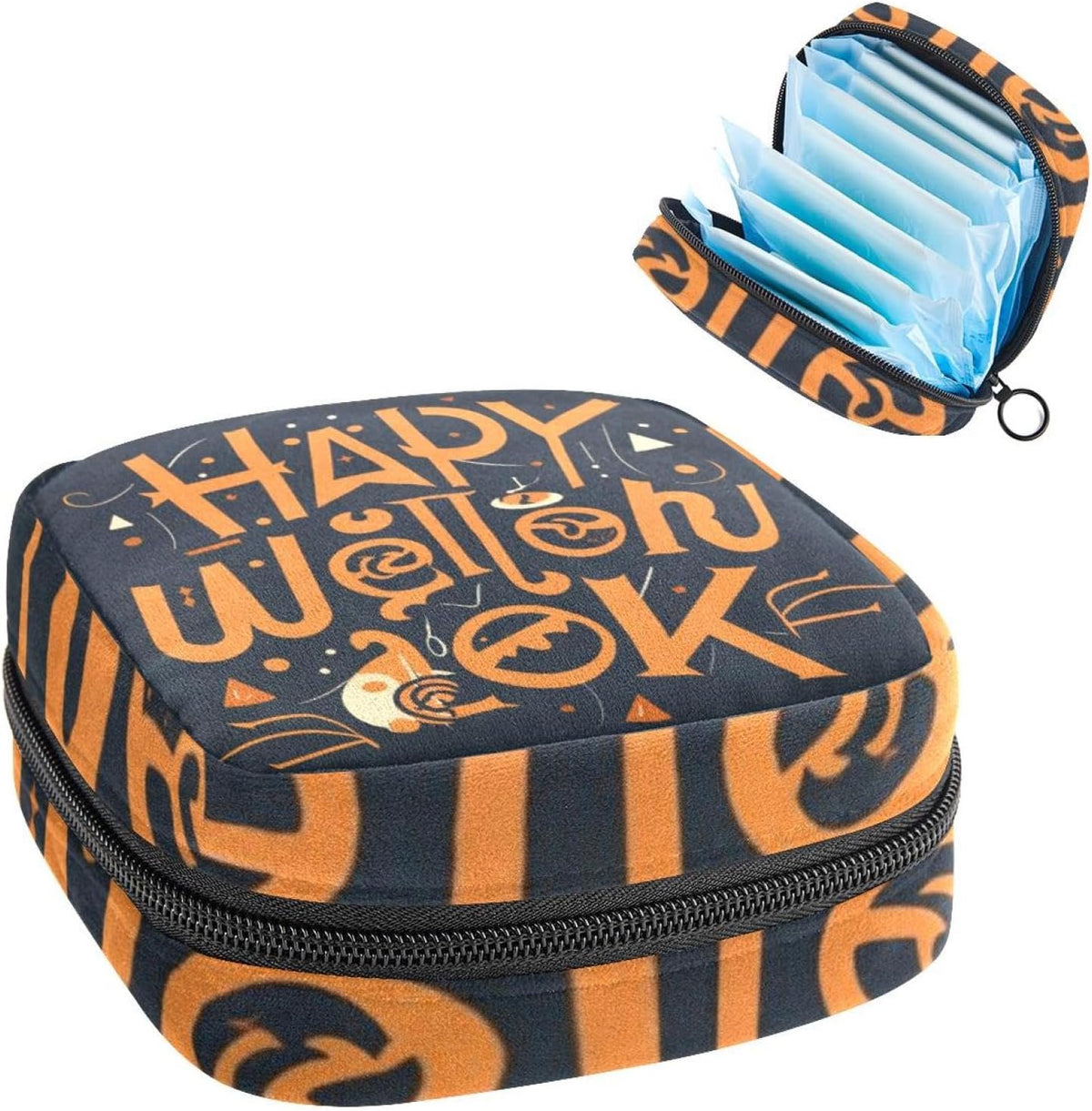 Sanitary Napkin Storage Bag for Women Cute, Feminine Menstruation Pad Holder for Period, Portable Zipper Menstrual Pad Bags Halloween Letters