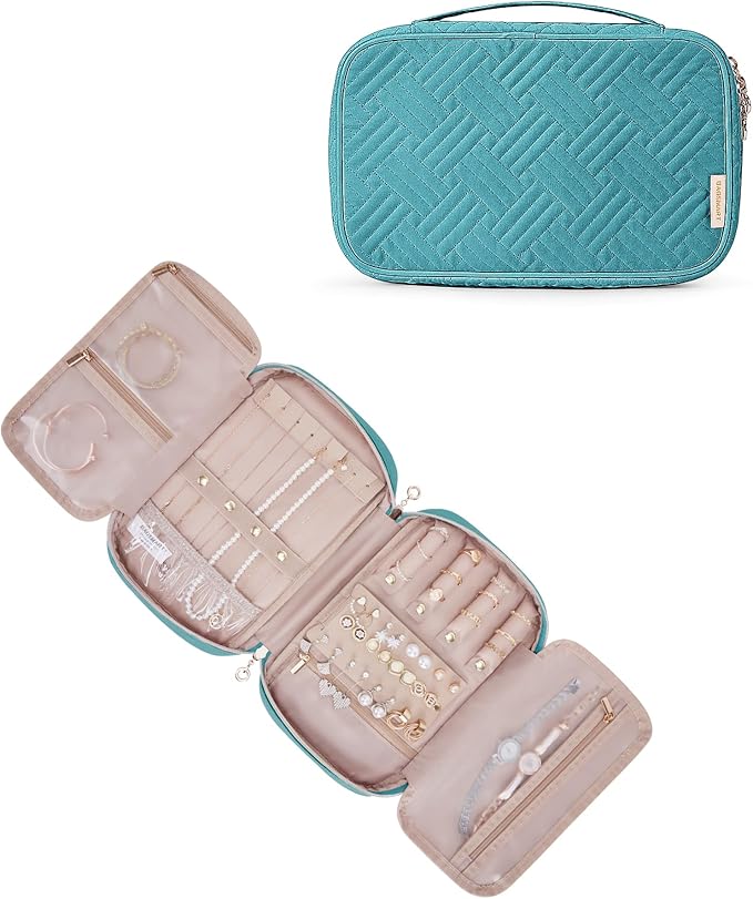 BAGSMART Travel Jewelry Case, Jewelry Organizer for Women Zipper Rings Holder Storage Pouch for Rolls Necklaces,Stud Earrings,Bracelets,Teal
