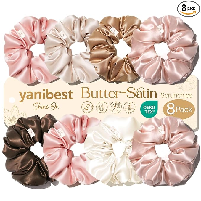 Yanibest 8 Pcs Satin Scrunchies - Silk Scrunchies Ponytail Holders, Soft Satin Hair Ties No Damage, Hair Accessories for Women