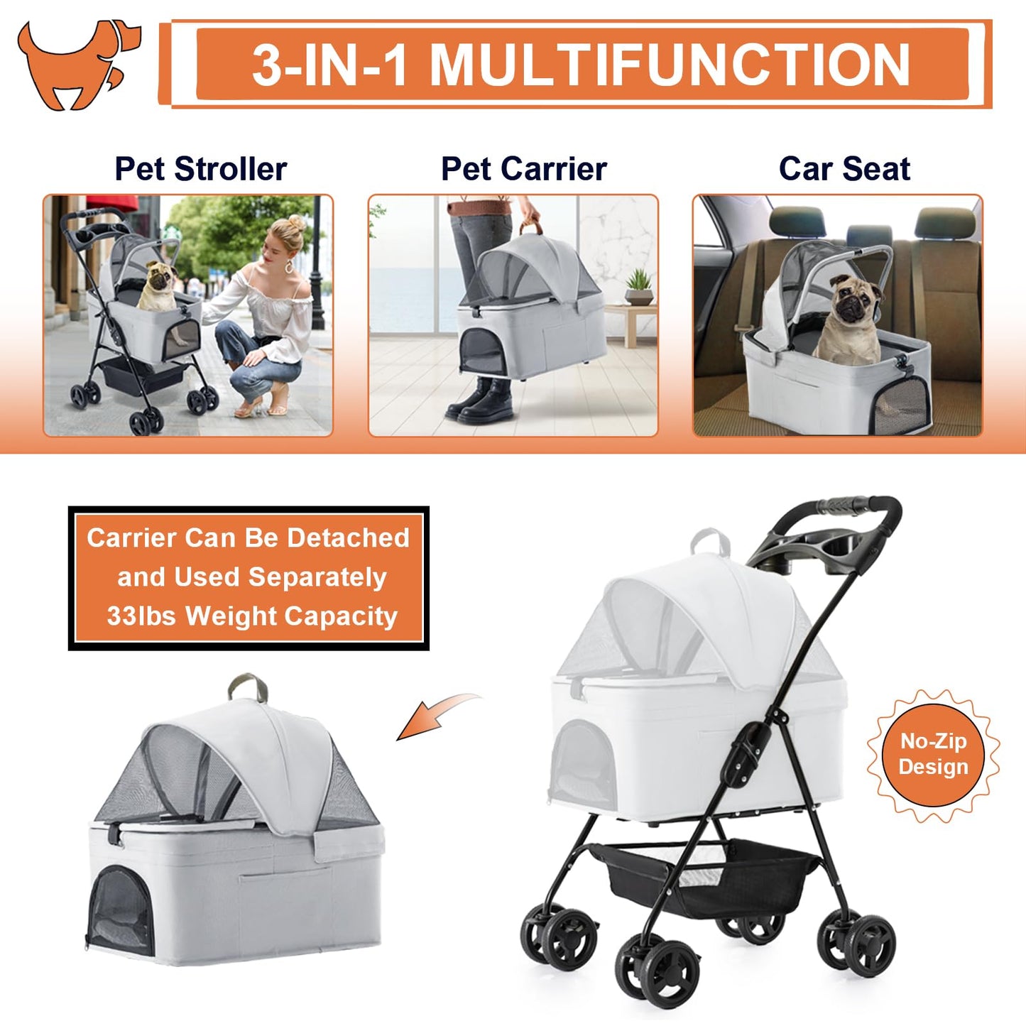LPOTIUS 3-in-1 Pet Stroller for Small Dogs and Cats, Folding Lightweight Dog Stroller with Detachable Carrier Portable Cat Puppy Jogging Stroller with Cup Holder and Storage Basket, 4 Wheels