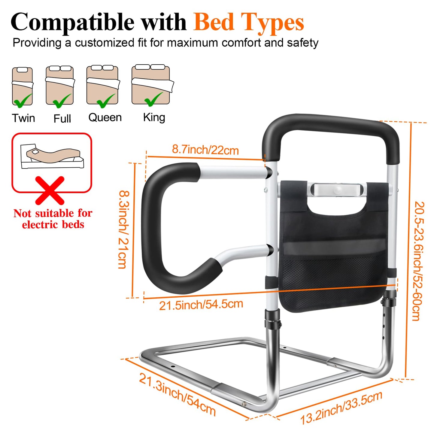 Bed Rails for Elderly Adults Safety, Adjustable Height Bed Guard Rails with Night Motion Light for Seniors, Carbon Steel Bed Assist Rails for Queen King Size Bed (Patent Pending)