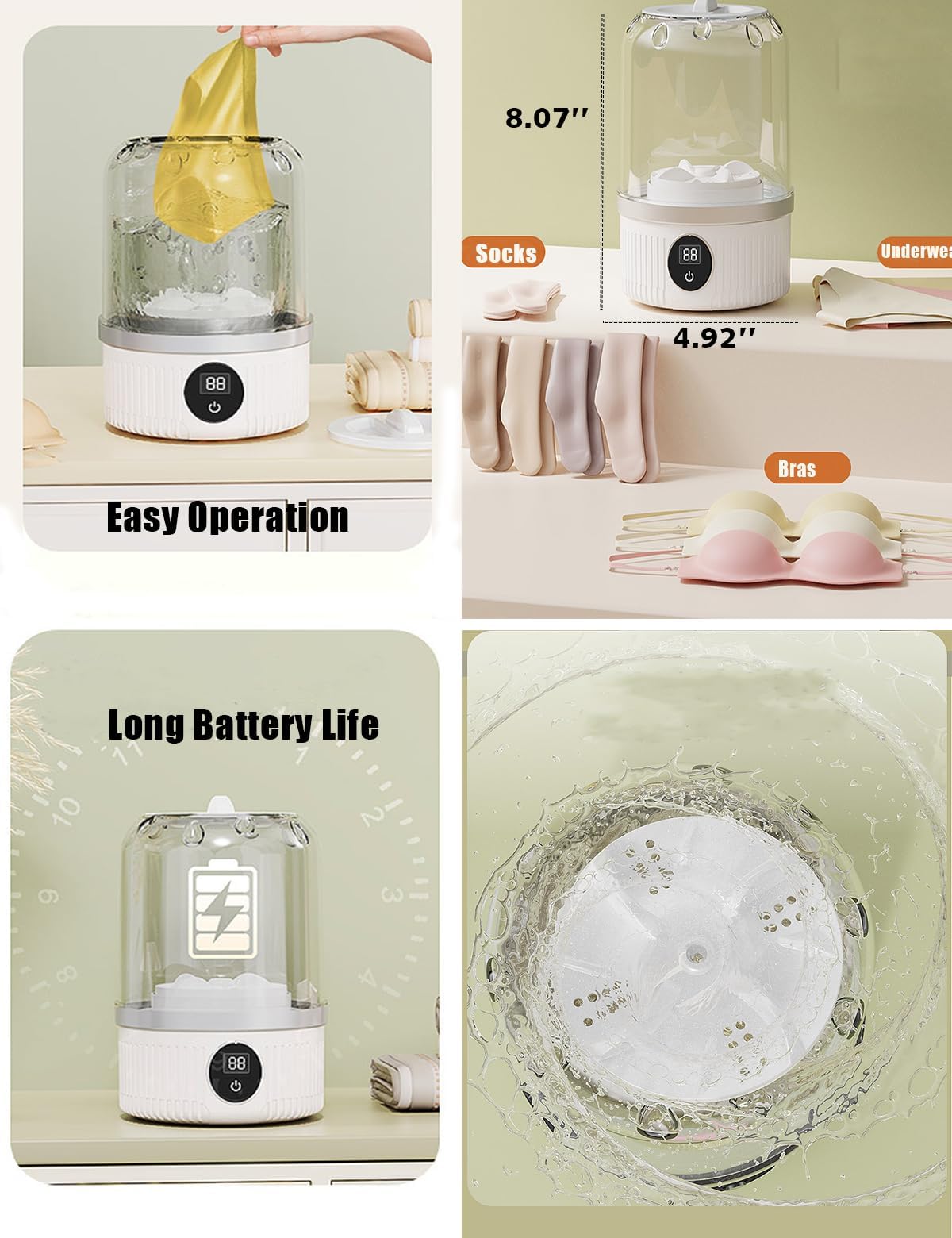 Mini Portable Washing Machine, Rechargeable Cordless Underwear Washing Machine, Automatic Portable Washing Machines for Apartments, Dorm, RV, Travel & Camping (White)