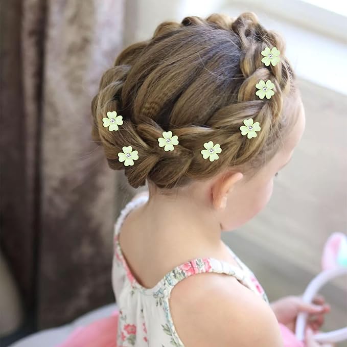 YISSION 20 Pcs Mini Green Flower Hair Clips with Rhinestone Cute Hair Pins Decorative Hair Clips Wedding Hair Barrettes Bridal Hair Accessories for Girls Women