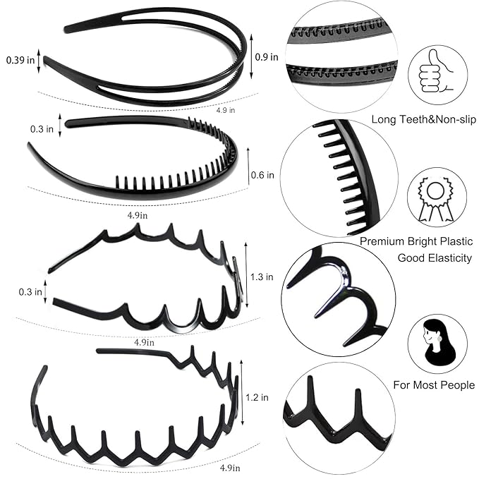 ULTIMUTE 8 PCS Fashion Effortless Plastic Headbands with Teeth Comb Black Skinny Headbands No Slip Hair Accessories Bands for Women Men Teen Girls, Lacquered Black