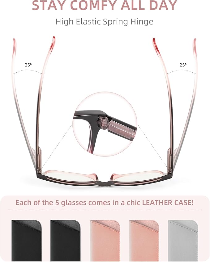 JOLISU 5 Pack Reading Glasses for Women/Men - Fashion Blue Light Readers Computer Eyeglasses W/Spring Hinge&Case(2.0)