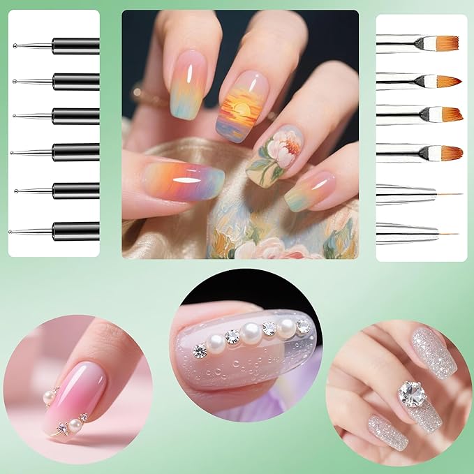 6PCS Double-Ended Nail Art Brush Kit For Gel Polish, Liner, Drawing, Dotting and Detailing - Professional Nail Art Design Pen And Paint Brushes Set