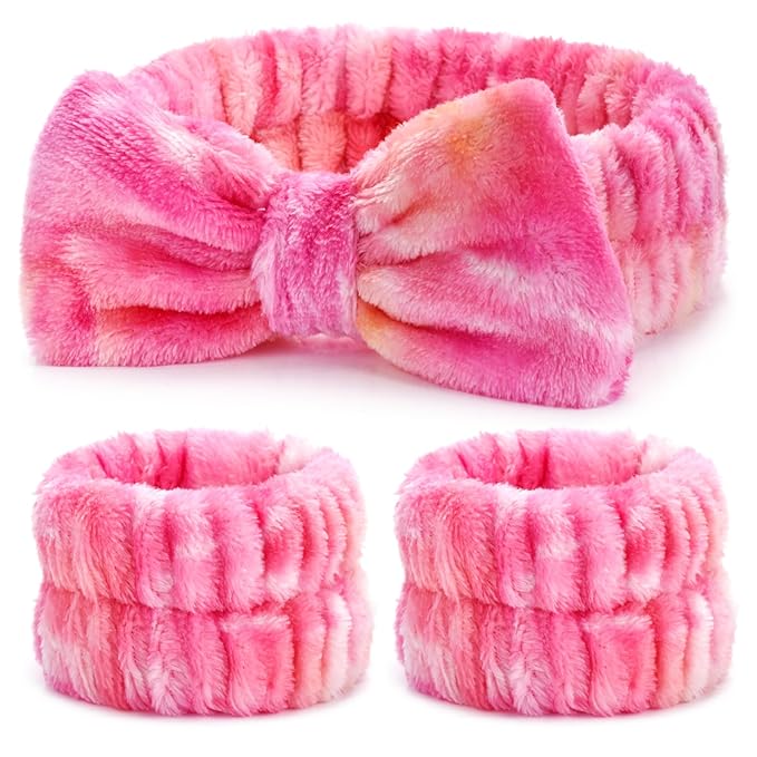 3PCS Spa Headband and Wristbands Set for Women, Soft Microfiber Face Wash Headband with Cute Bow, Elastic Absorbent Wrist Towels, Makeup Skincare Accessories for Facial, Shower, Yoga