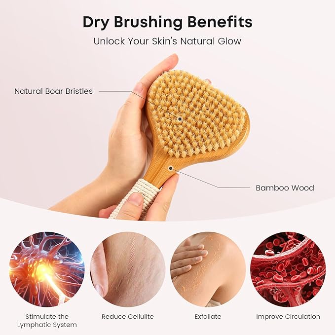 Bamboo Dry Brushing Set with Body and Face Brush, Dry Scrub Brush with Exfoliating Natural Boar Bristle for Lymphatic Drainage, Cellulite Reduction, Blood Circulation and Glowing Skin, 2 Pack