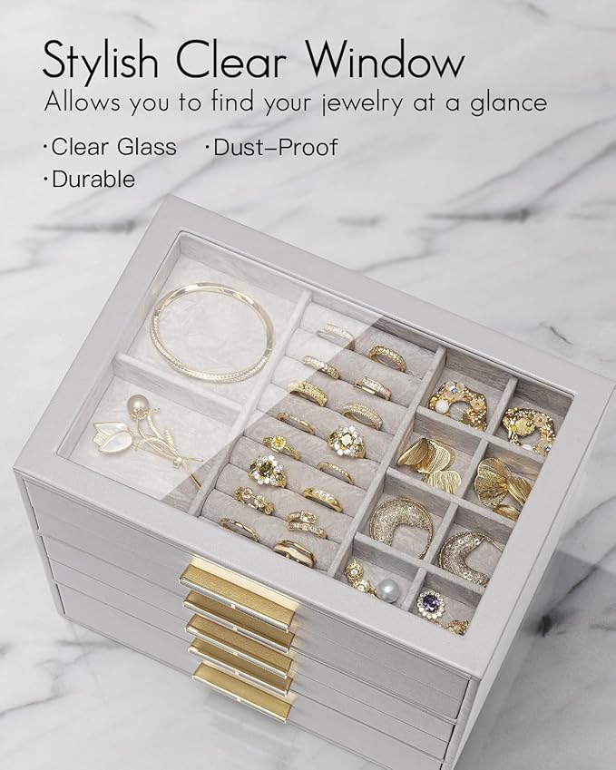 Vlando 5 Layer Jewelry Box for Women, Glass Lid Jewelry Organizer with 5 Drawers for Necklaces Rings Earrings Bracelets - Grey