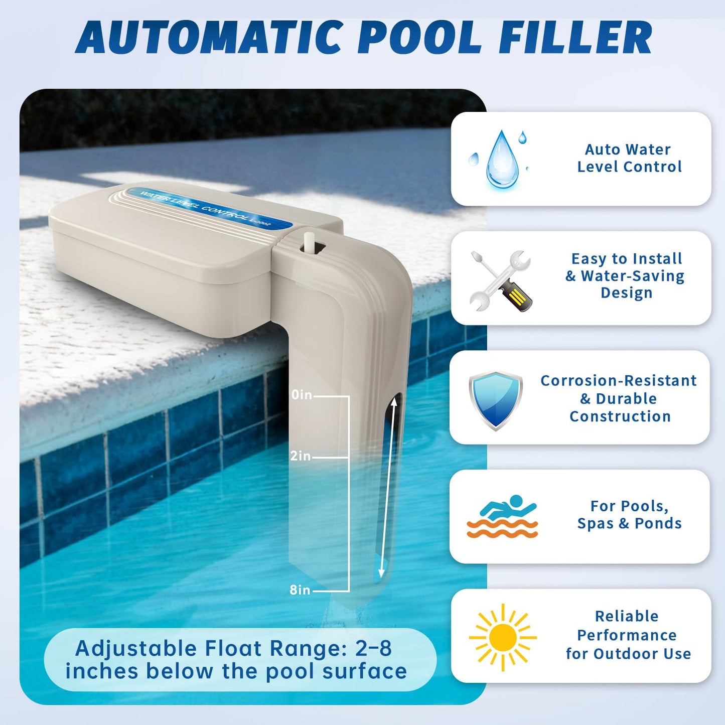 JANWISOL 2026 Upgrade Automatic Pool Filler with Adjustable Float Valve, Automatic Pool Water Leveler for Swimming Pools and Ponds, Pool Auto Filler, White