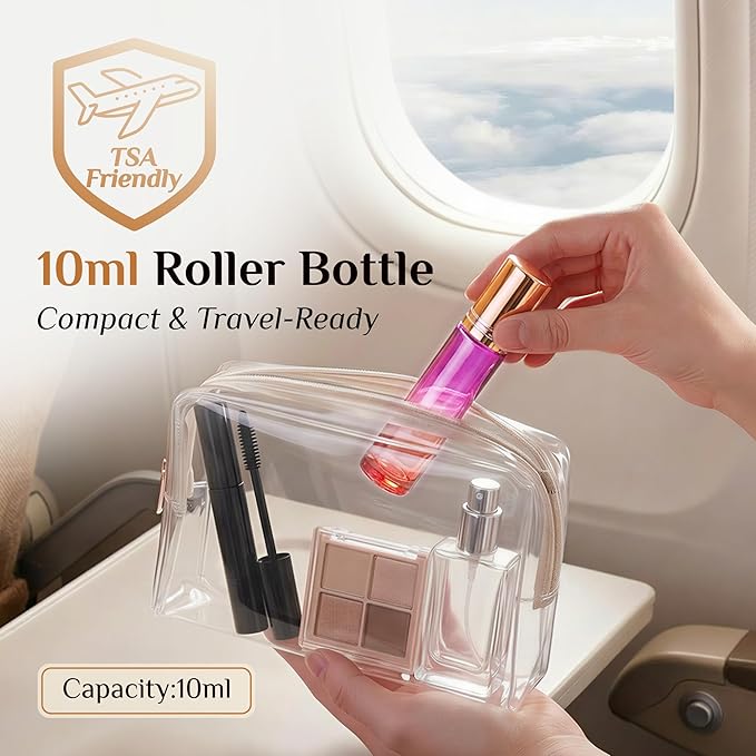 PrettyCare 4 Pack, 10 ml Essential Oil Roller Bottles with Stainless Steel Roller Ball - Refillable Leak-proof Empty Thick Red & Purple Glass Roll on Bottles with Golden Caps for Travel, Perfume