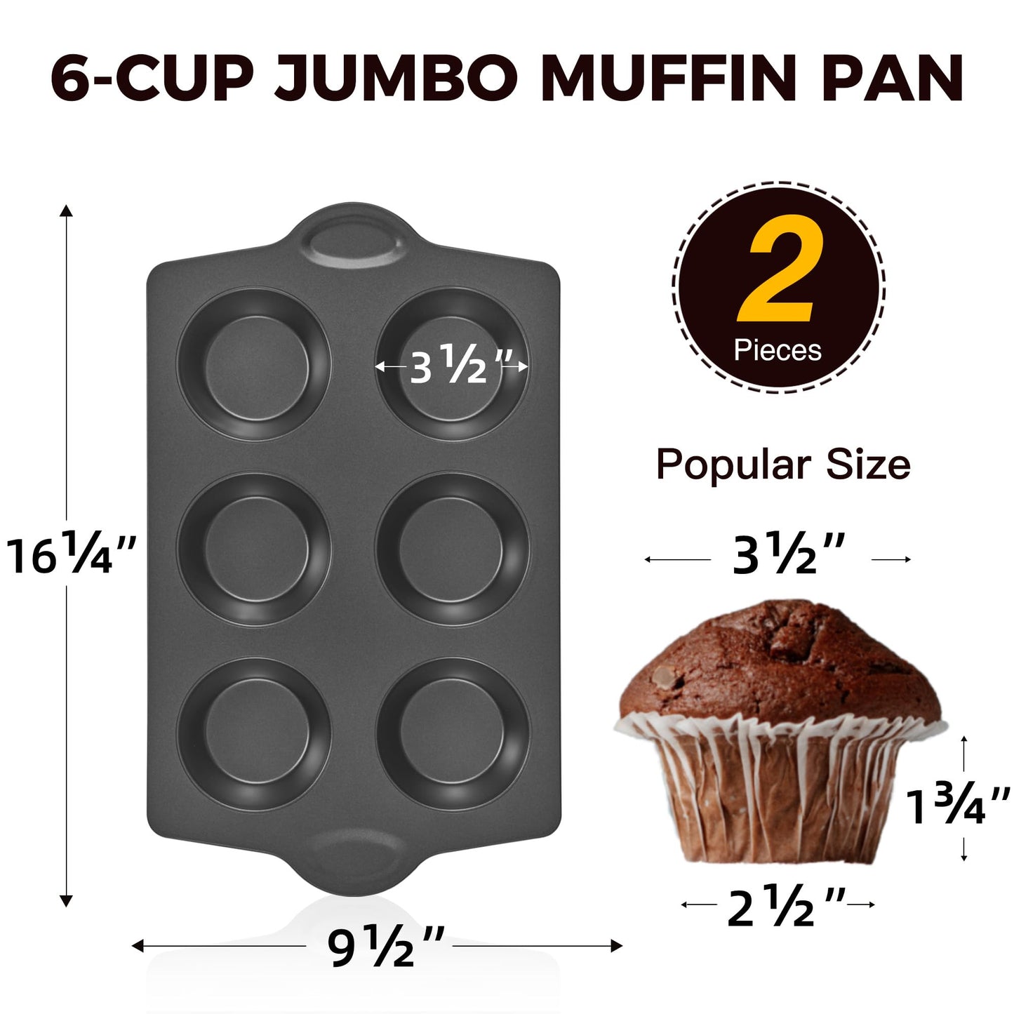 HONGBAKE Nonstick Jumbo Muffin Pan, 2 Pack Large Cupcake Tin for Baking, Cup Cake Tray, 3.5dia, 6 Cup, Premium, Extra Thick, Dishwasher Safe