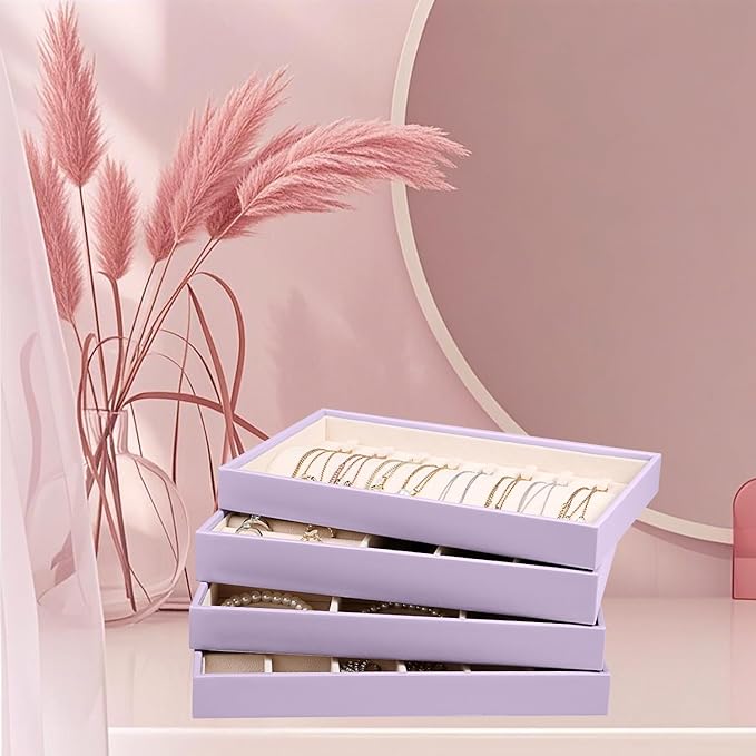 LANDICI Stackable Jewelry Organizer Trays 4 Set,PU Leather Jewelry Organizer Drawer,Jewelry Storage Display Tray for Earring Necklace Rings Bracelet with Removable Dividers,Lavender