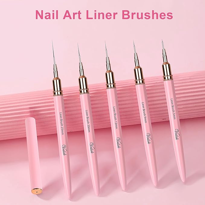 5Pcs Nail Art Liner Brushes,Liner Brush For Nails Gel,Thin Liner Nail Brush Set,Nail Art Striping Brushes,Painting Art Design Pen For Long Lines, Thin Details, Fine Drawing Sizes 5/9/13/20/25mm