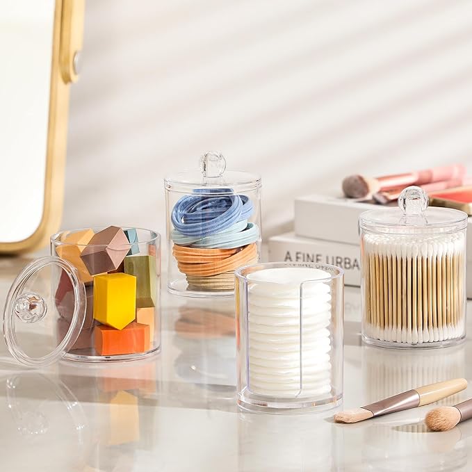 AOZITA 4 Pcs, Acrylic Qtip Holder Dispenser for Cotton Swab, Ball, Round Pads, Floss Picks - Clear Plastic Apothecary Jar Set for Bathroom Canister Storage Organization, Vanity Makeup Organizer